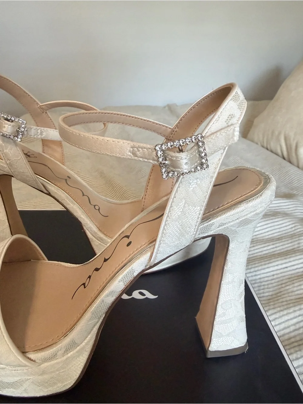 Nina Shoes Cream Lace Platform Heels with Rhinestone Buckles